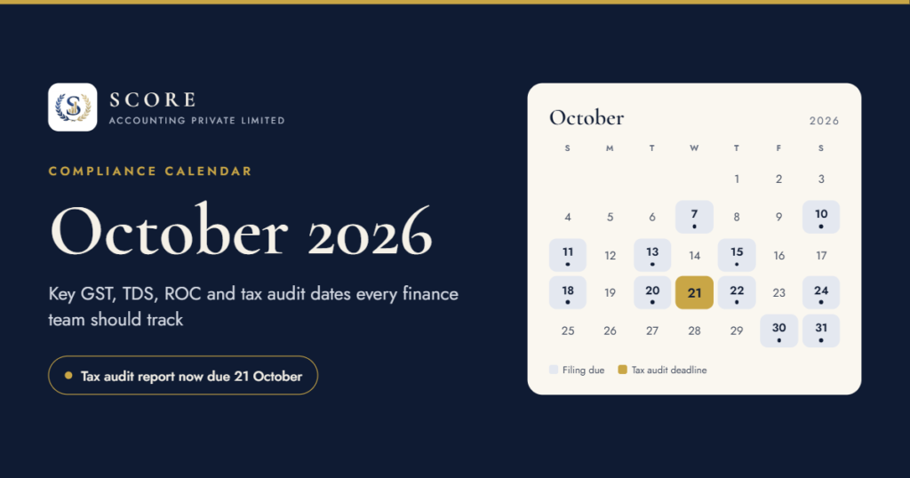 SCORE Accounting October 2026 compliance calendar cover, showing a monthly calendar with filing dates marked and 21 October highlighted in gold as the extended tax audit report deadline.