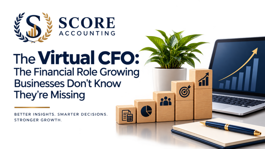 SCORE Accounting Virtual CFO blog cover featuring a professional financial growth concept with a laptop, rising bar chart, and ascending business growth blocks
